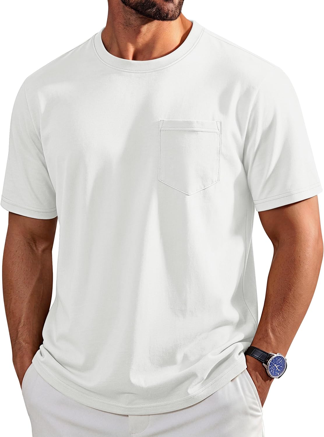 81JPgoLz0ML._AC_SL1500_.jpg Mens T-Shirts Cotton Short Sleeve Crew Neck Pocket Tee Shirt | Pure Cotton, Soft Breathable, Regular Fit, Casual Daily Wear, Convenient Chest Pocket, Suitable for Casual Daily Commute - Image 1